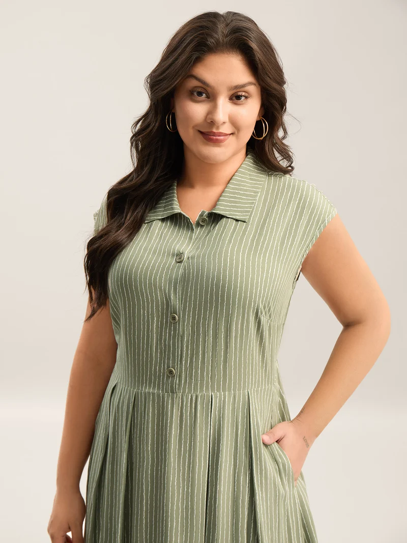 Stripe Print Button Detail Collar Midi Dress
