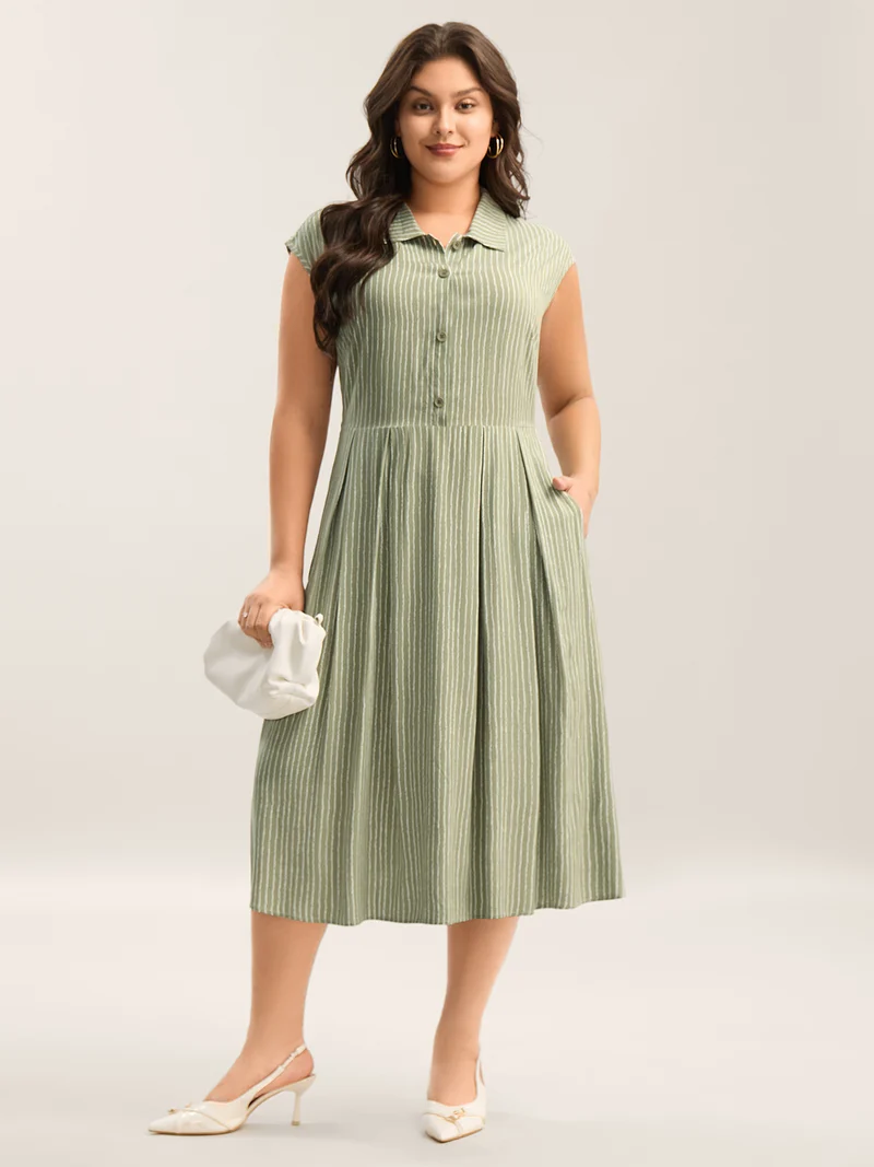 Stripe Print Button Detail Collar Midi Dress