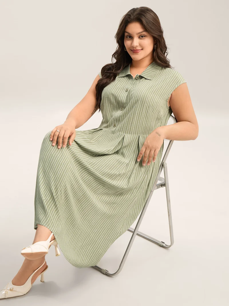 Stripe Print Button Detail Collar Midi Dress