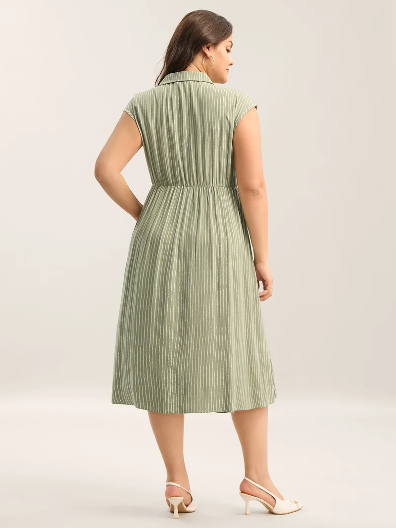 Stripe Print Button Detail Collar Midi Dress
