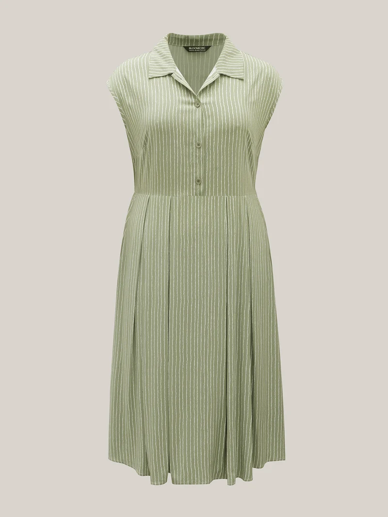 Stripe Print Button Detail Collar Midi Dress