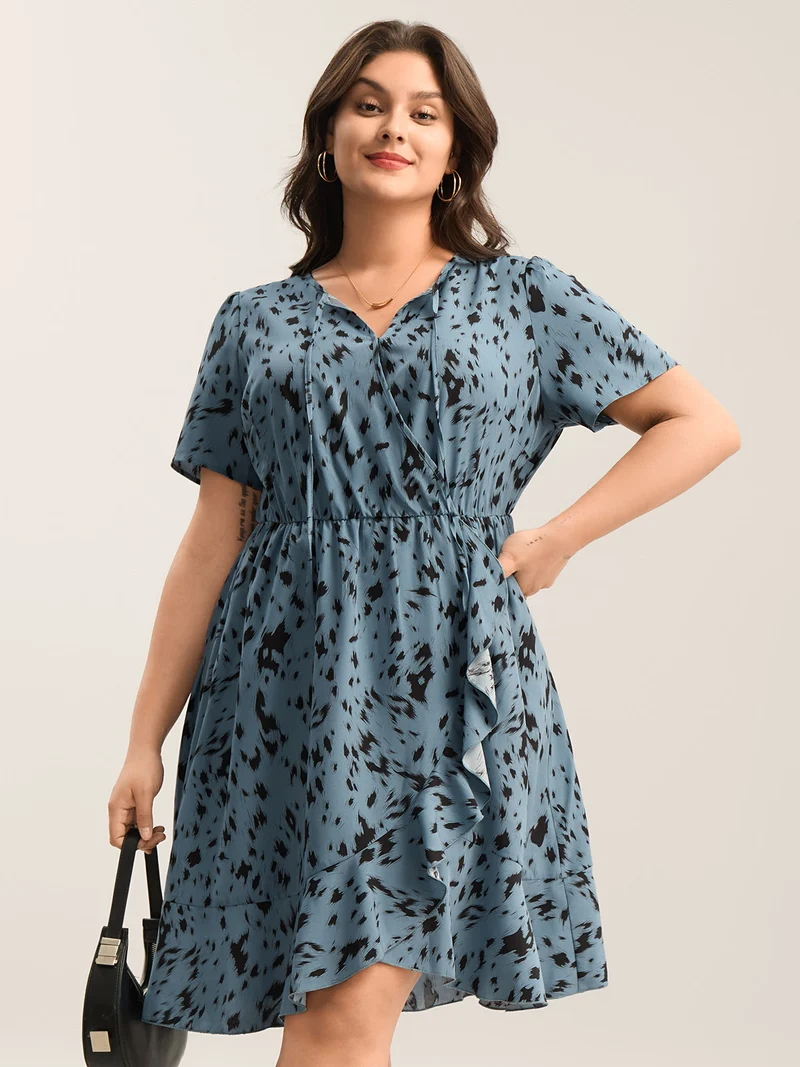 Leopard Print Faux Wrap Ruffled Midi Dress