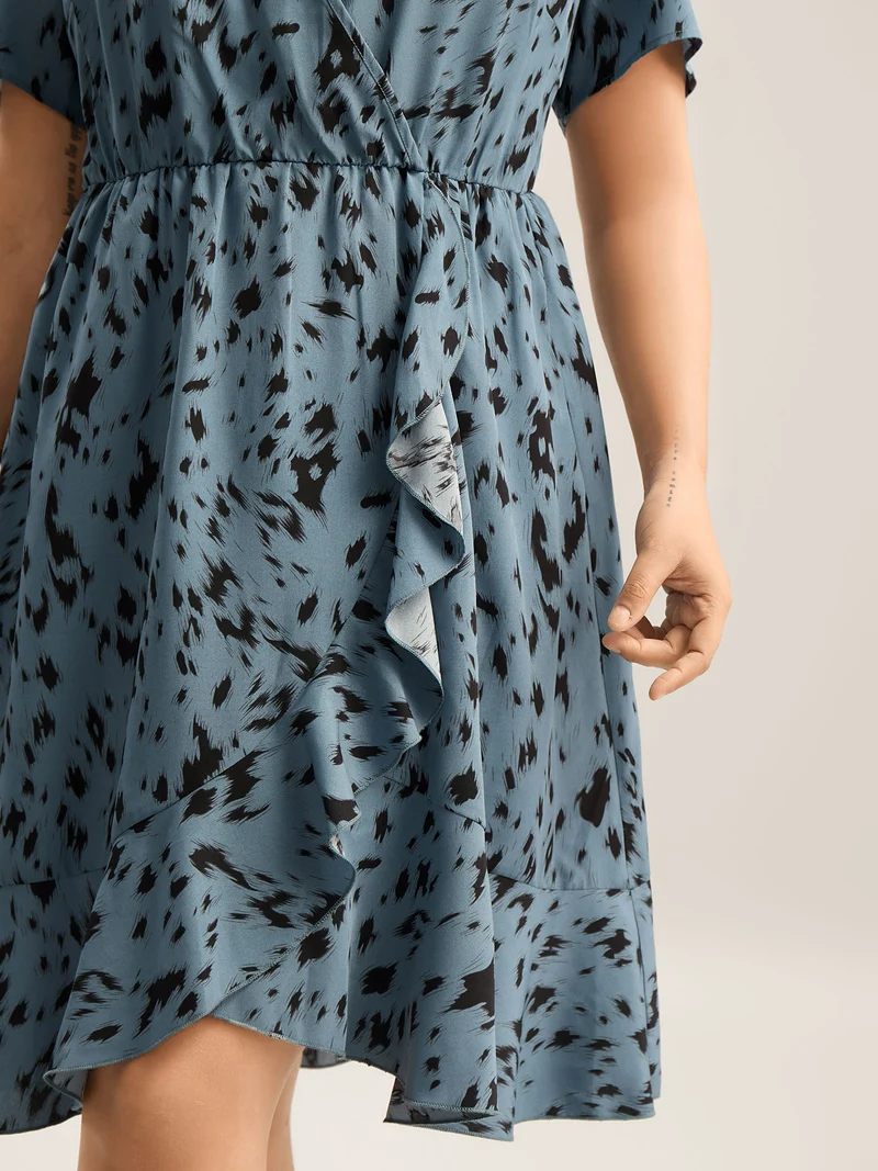 Leopard Print Faux Wrap Ruffled Midi Dress