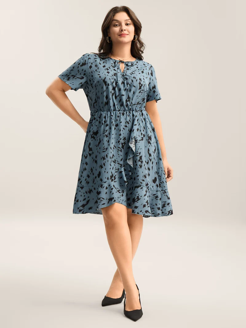 Leopard Print Faux Wrap Ruffled Midi Dress