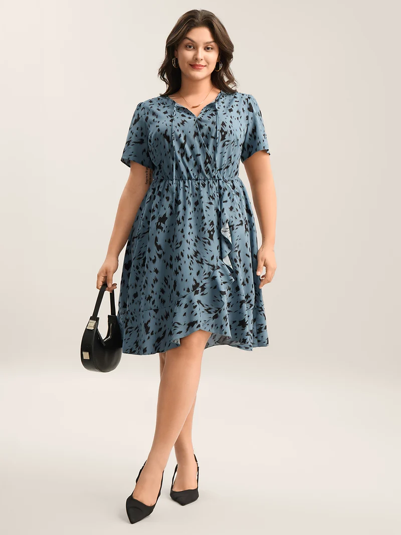 Leopard Print Faux Wrap Ruffled Midi Dress