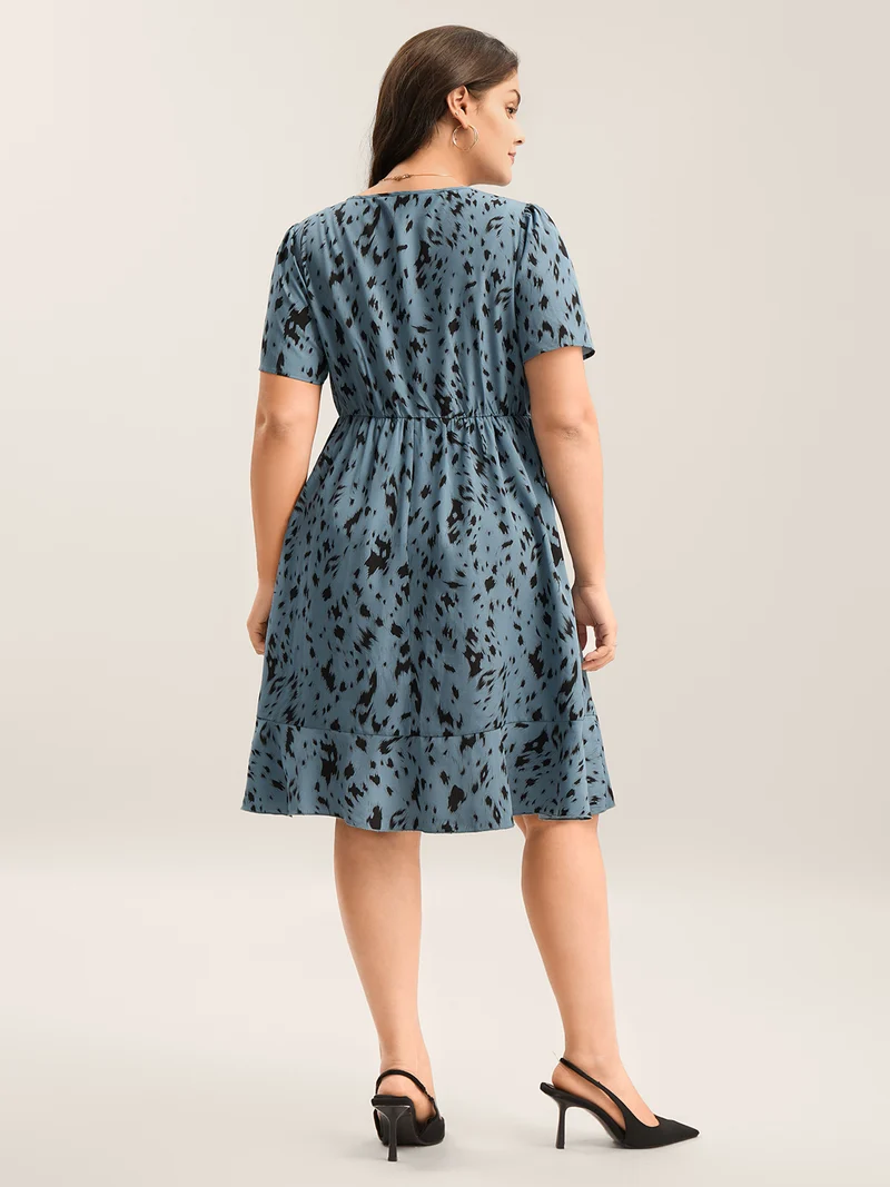 Leopard Print Faux Wrap Ruffled Midi Dress