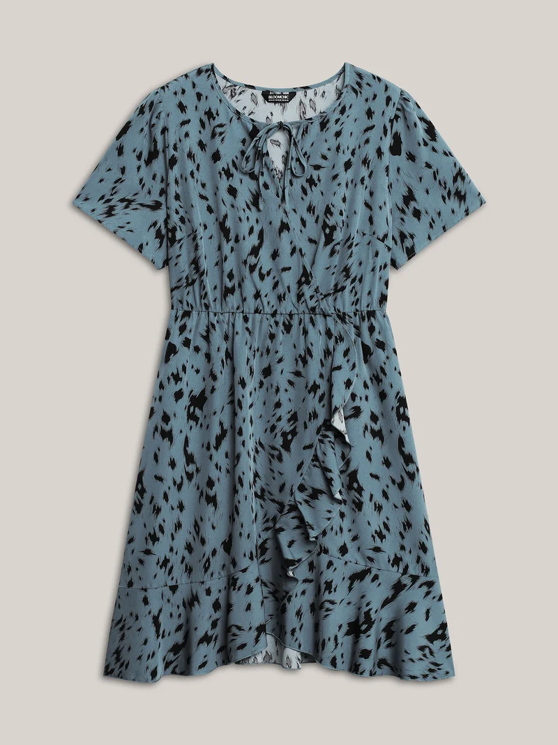 Leopard Print Faux Wrap Ruffled Midi Dress