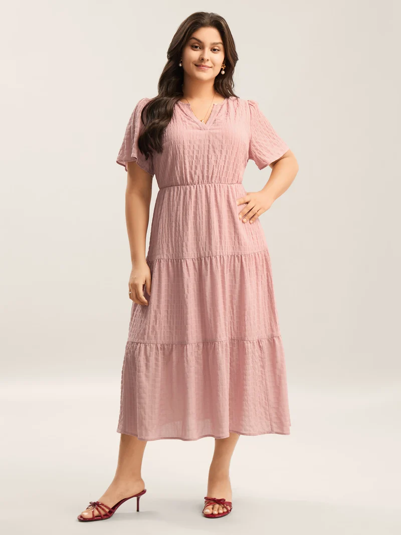 Textured A-Line Split Neck Tiered Midi Dress