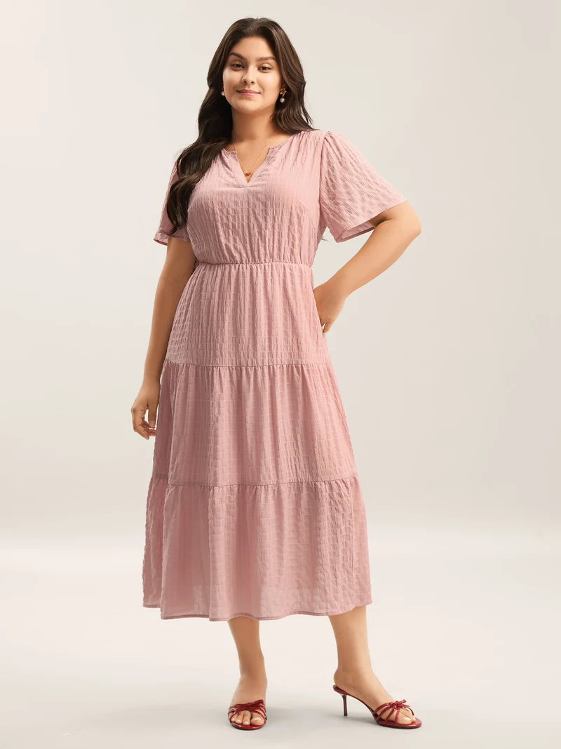 Textured A-Line Split Neck Tiered Midi Dress