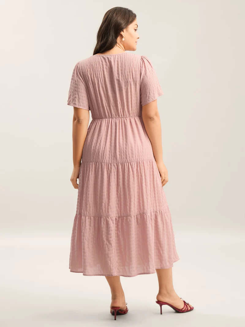 Textured A-Line Split Neck Tiered Midi Dress