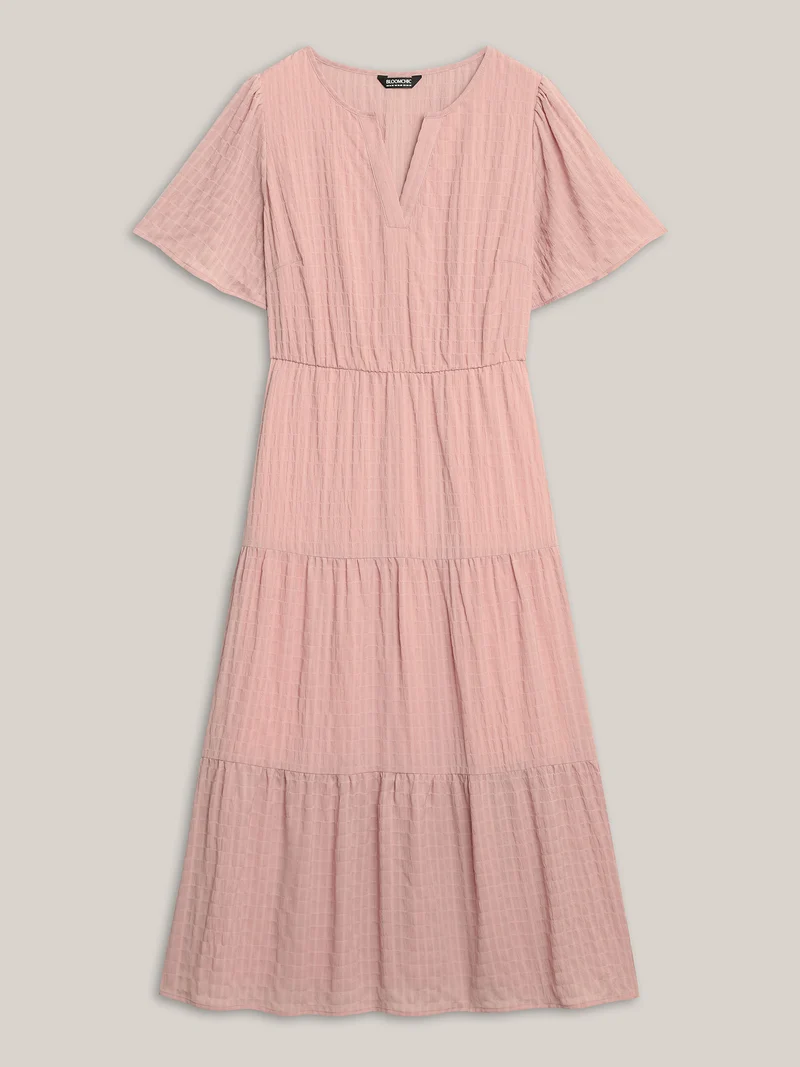 Textured A-Line Split Neck Tiered Midi Dress
