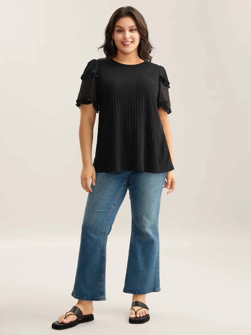 Textured Pit Strip Layered Sleeve Sheer T-Shirt