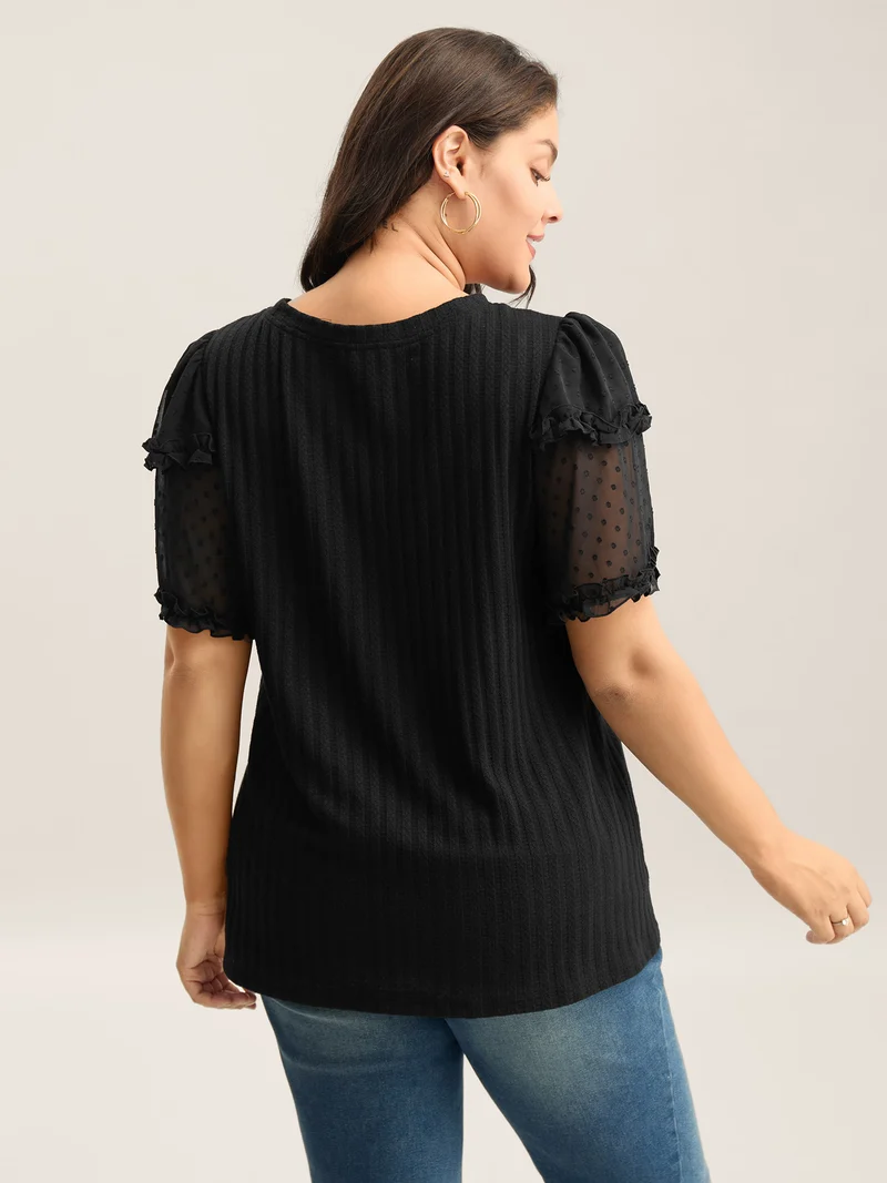 Textured Pit Strip Layered Sleeve Sheer T-Shirt