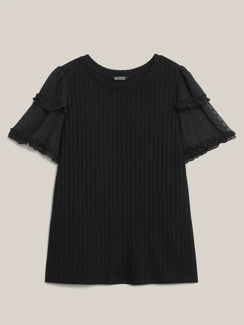Textured Pit Strip Layered Sleeve Sheer T-Shirt