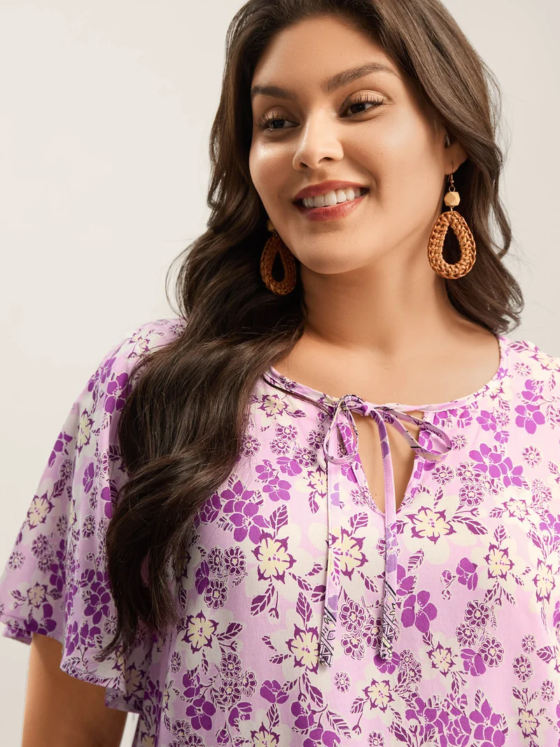 Floral Print Neck Tie Flowy Blouse
