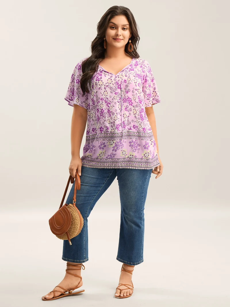 Floral Print Neck Tie Flowy Blouse