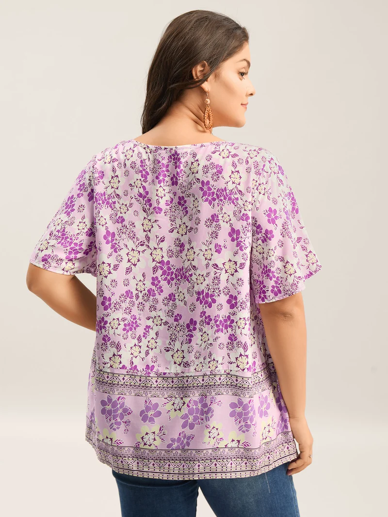 Floral Print Neck Tie Flowy Blouse