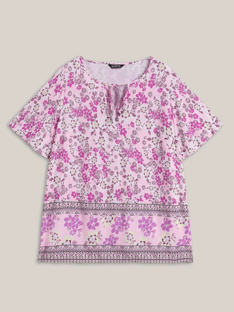 Floral Print Neck Tie Flowy Blouse
