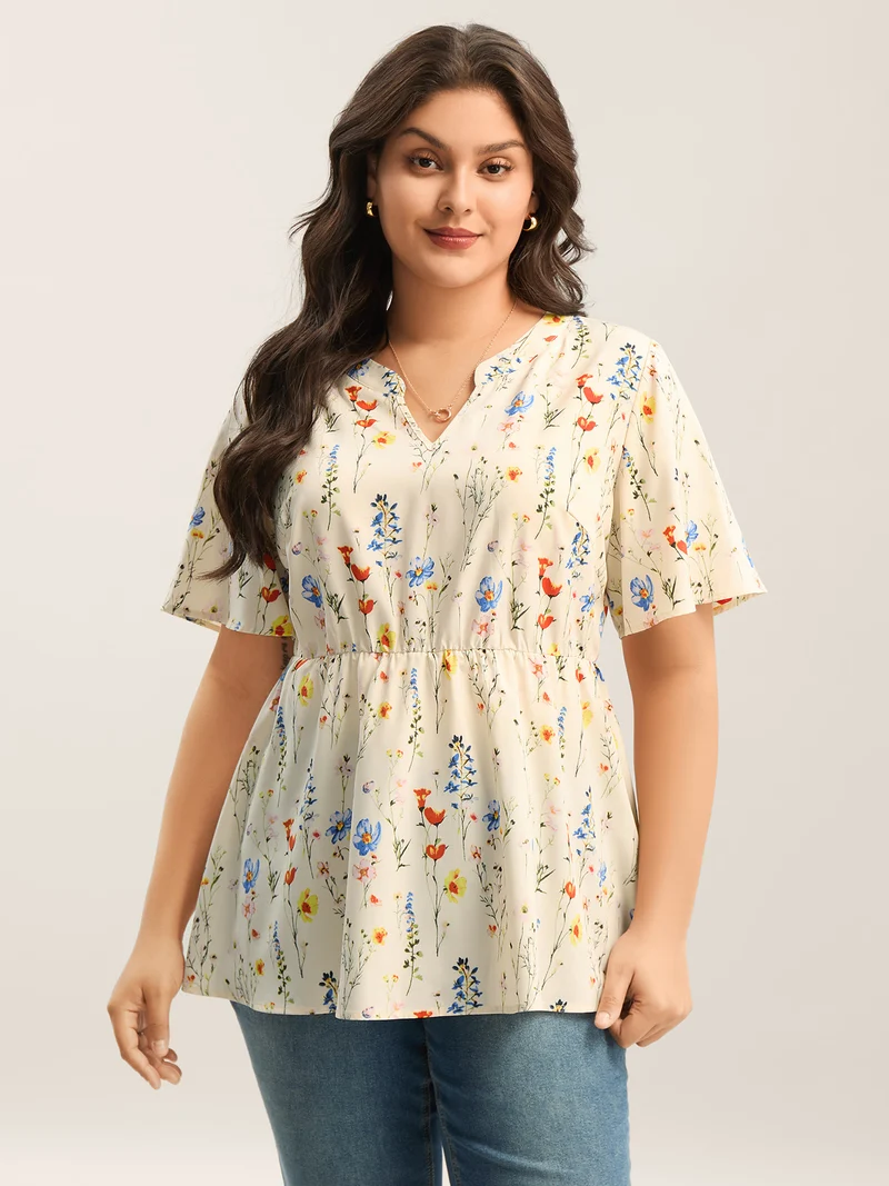 Branch Floral Print Notched Collar Blouse