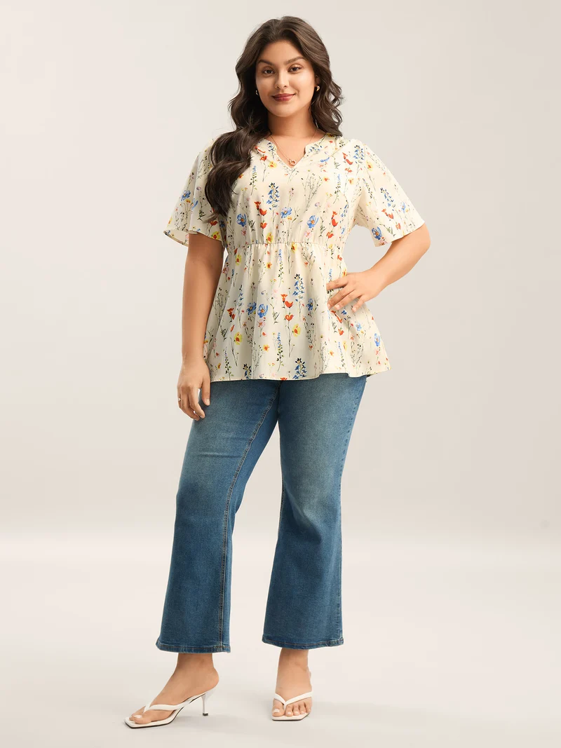 Branch Floral Print Notched Collar Blouse