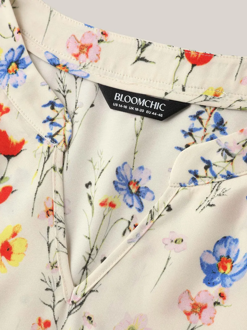 Branch Floral Print Notched Collar Blouse