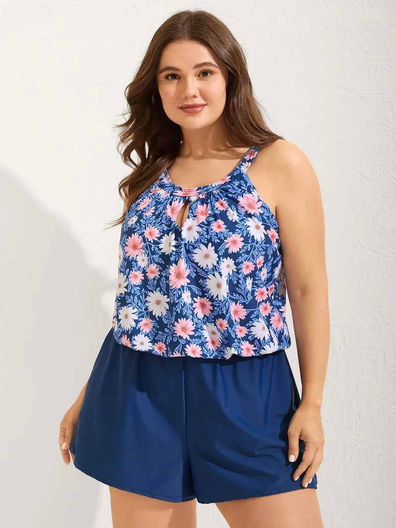 Floral Print Keyhole Pockets Swim Romper