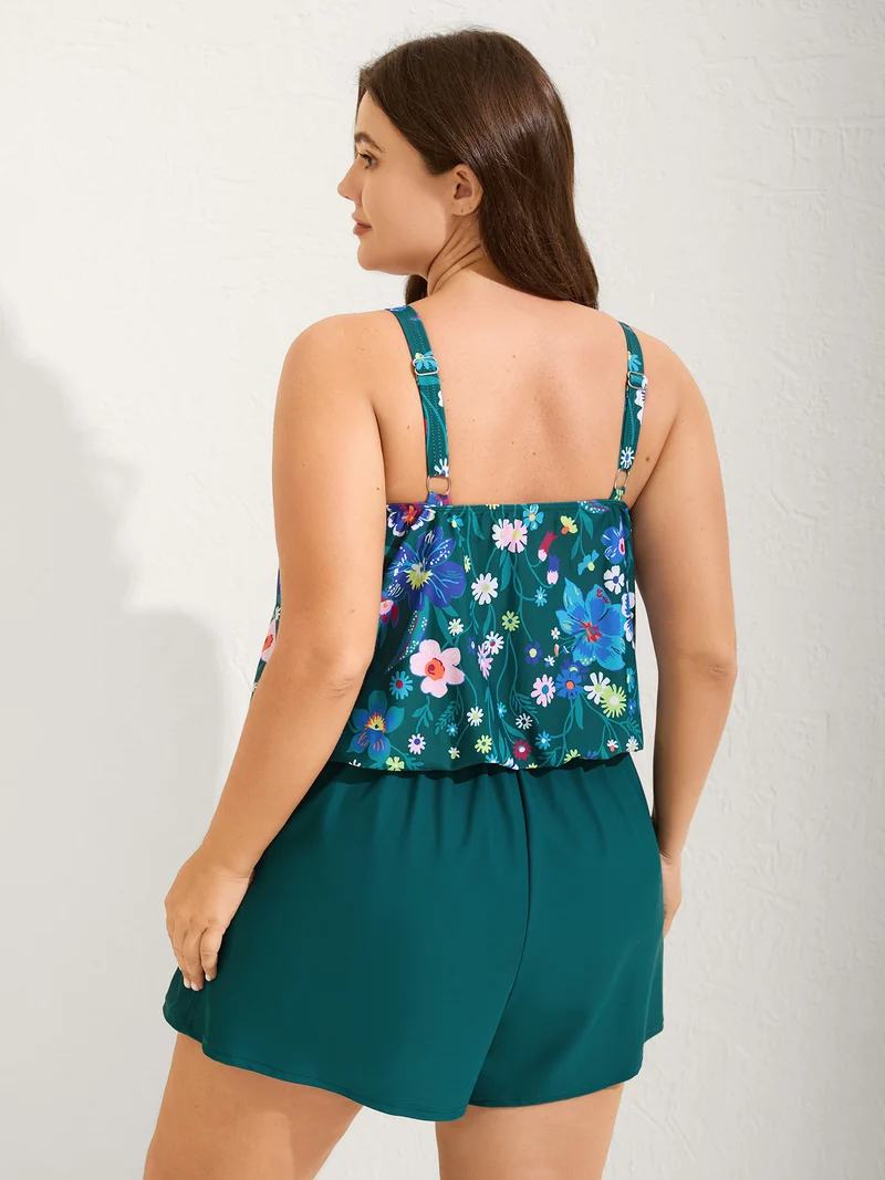 Floral Print Keyhole Pockets Swim Romper