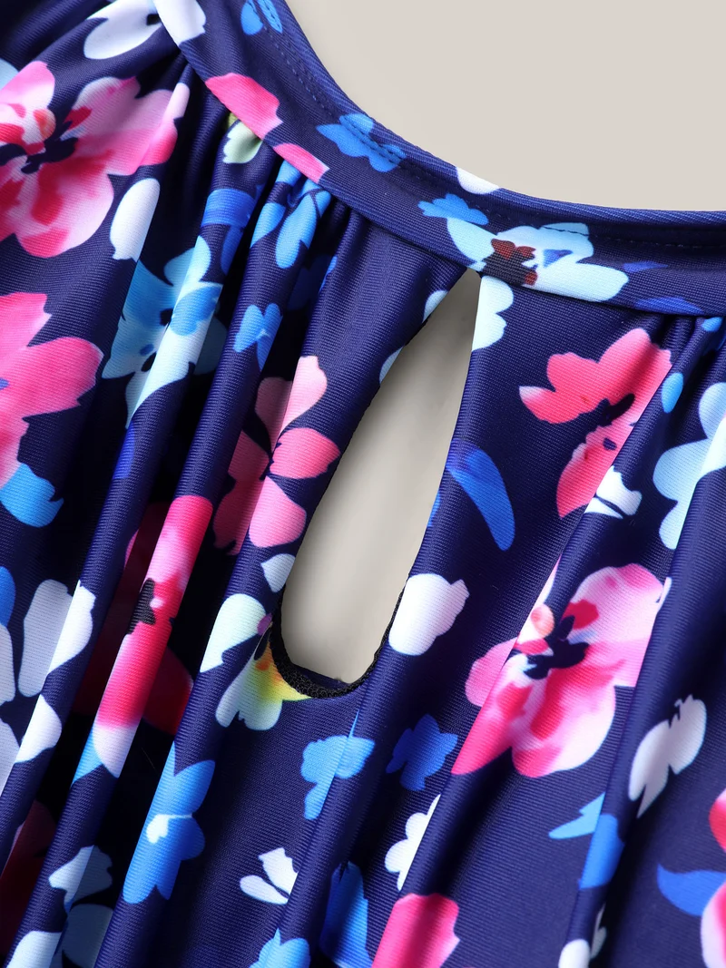 Floral Print Keyhole Pockets Swim Romper