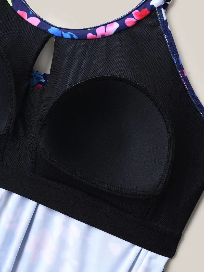 Floral Print Keyhole Pockets Swim Romper