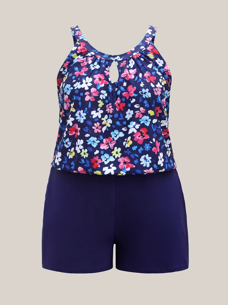 Floral Print Keyhole Pockets Swim Romper