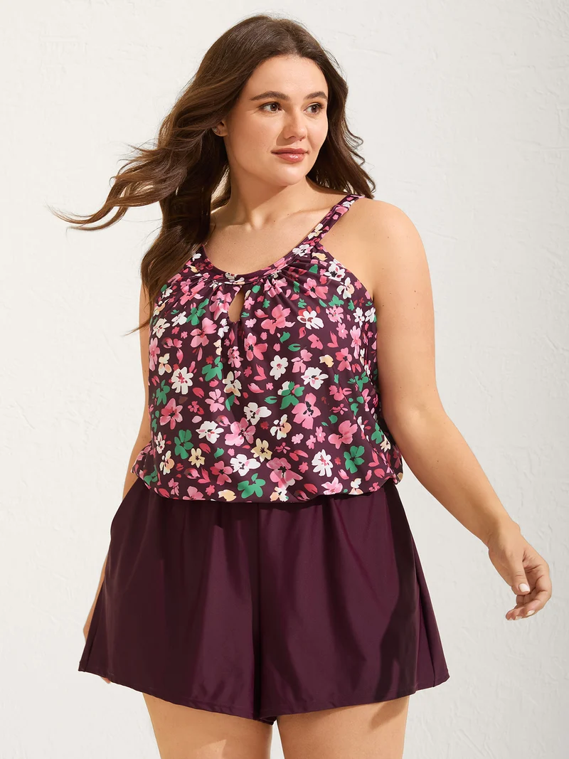Floral Print Keyhole Pockets Swim Romper
