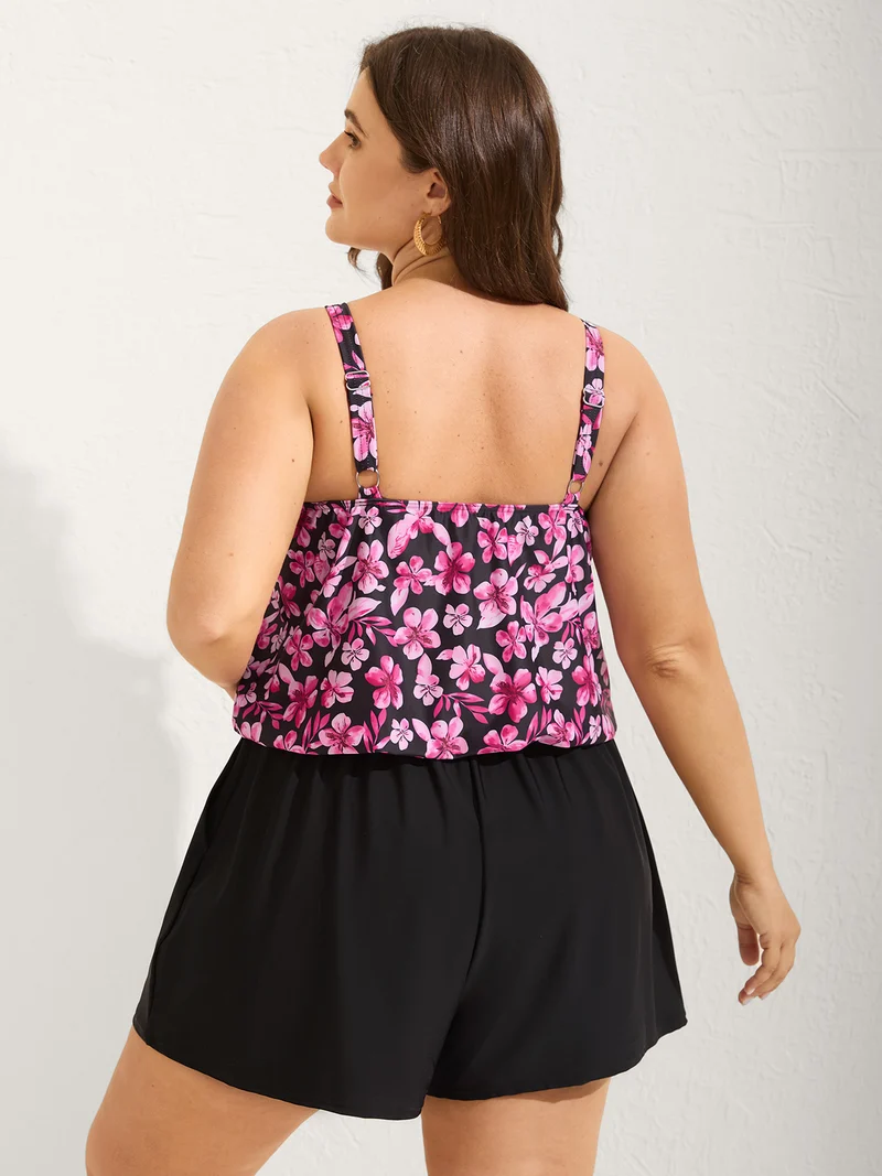 Floral Print Keyhole Pockets Swim Romper