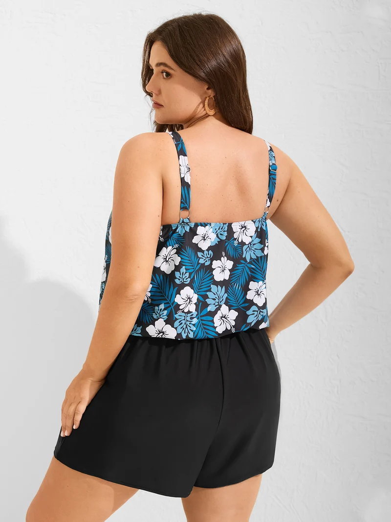 Floral Print Keyhole Pockets Swim Romper