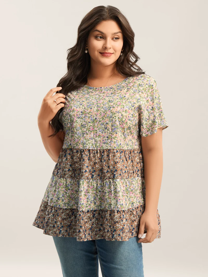 Ditsy Floral Print Tiered Blouse