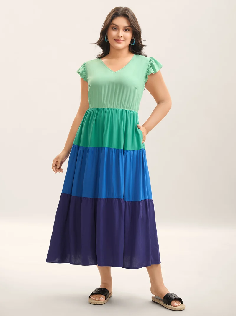Color Block Flutter Sleeve Pockets Midi Dress