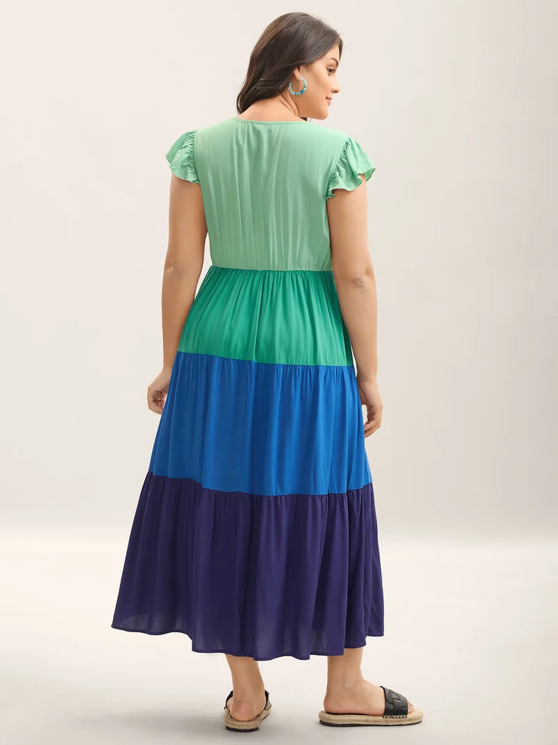 Color Block Flutter Sleeve Pockets Midi Dress