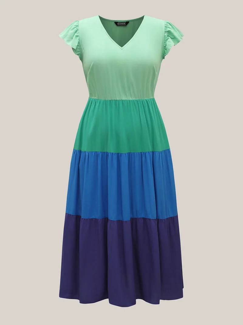 Color Block Flutter Sleeve Pockets Midi Dress