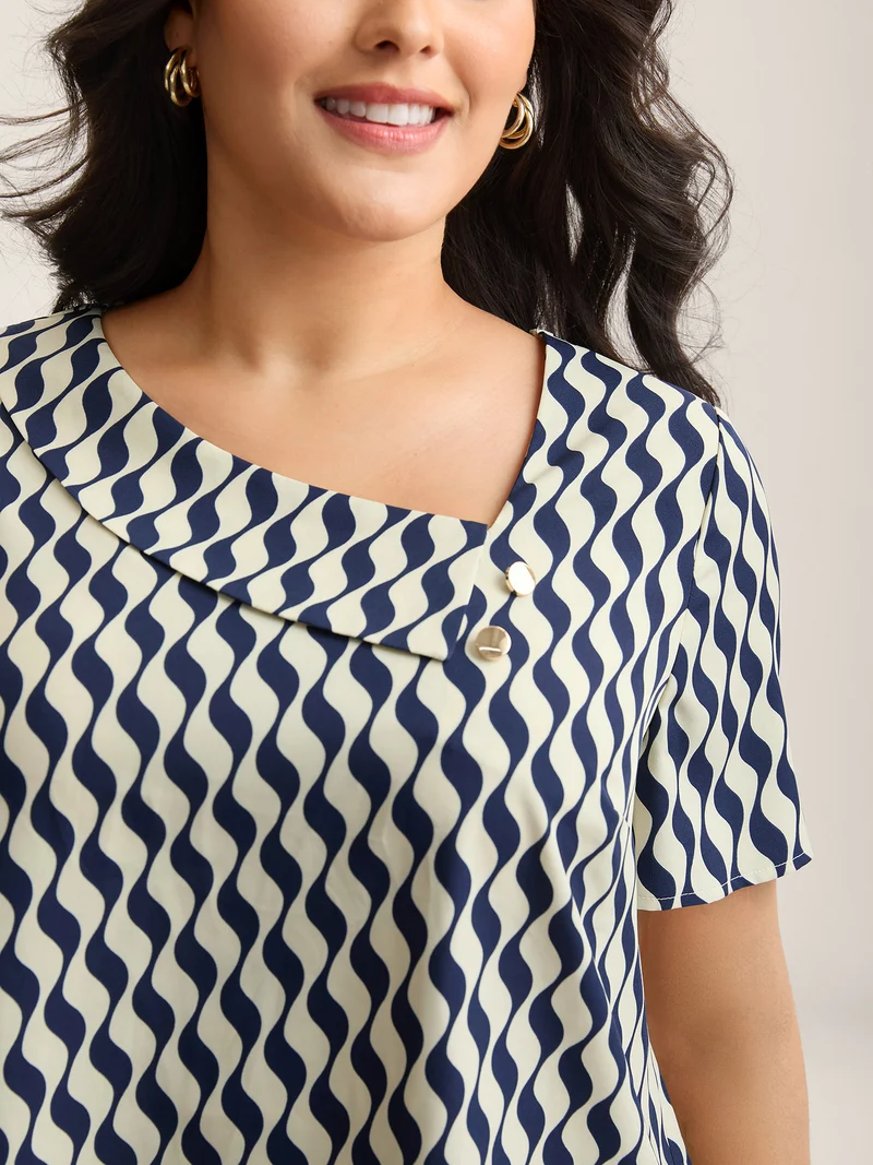 Wavy Print Asymmetrical Neckline Blouse