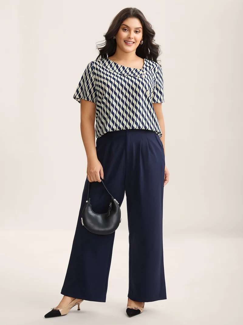 Wavy Print Asymmetrical Neckline Blouse