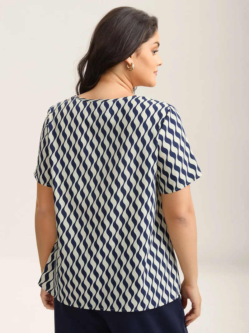Wavy Print Asymmetrical Neckline Blouse