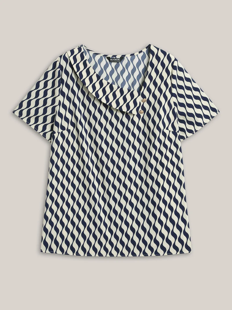 Wavy Print Asymmetrical Neckline Blouse