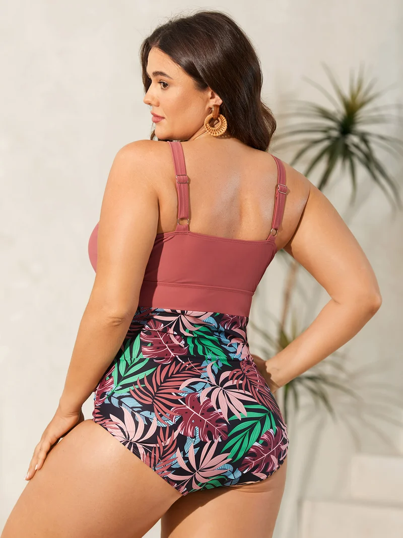 Tropical Print Contrast One-Piece Swimsuit