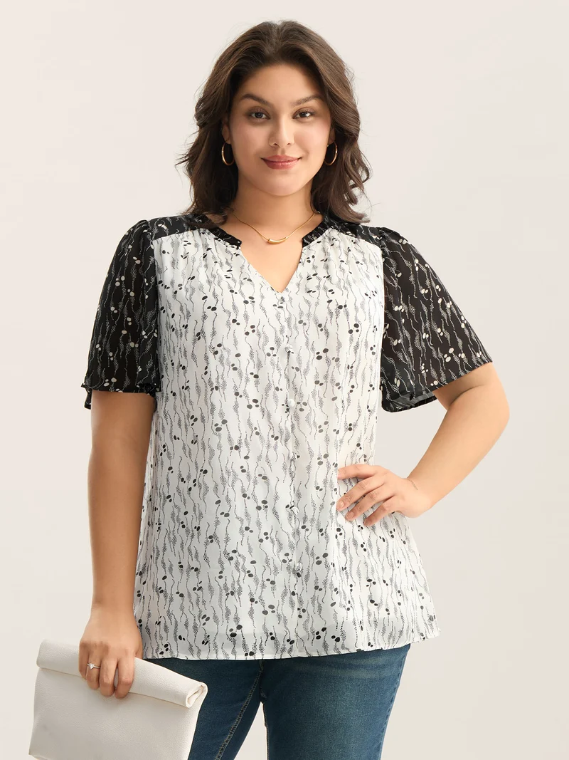 Color Contrast Notched Collar Spliced Blouse
