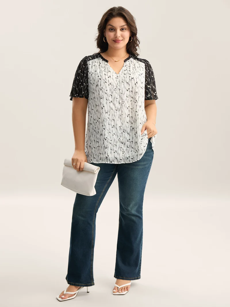 Color Contrast Notched Collar Spliced Blouse
