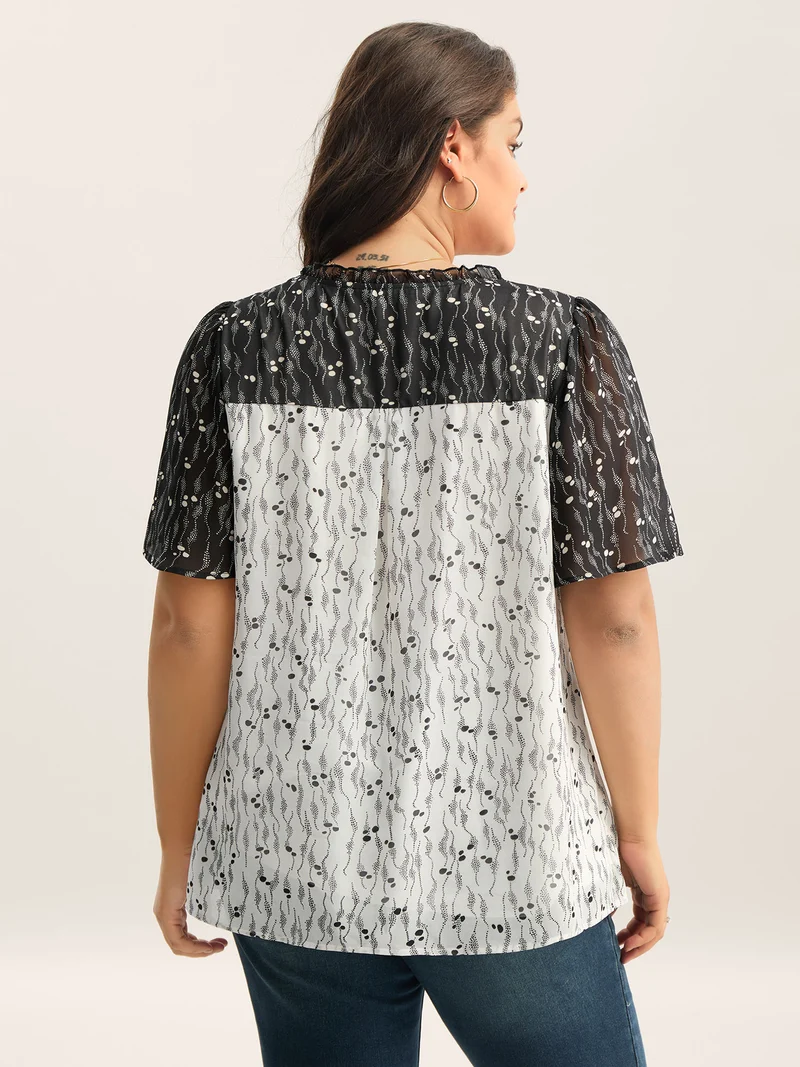 Color Contrast Notched Collar Spliced Blouse