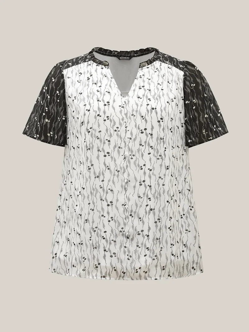 Color Contrast Notched Collar Spliced Blouse