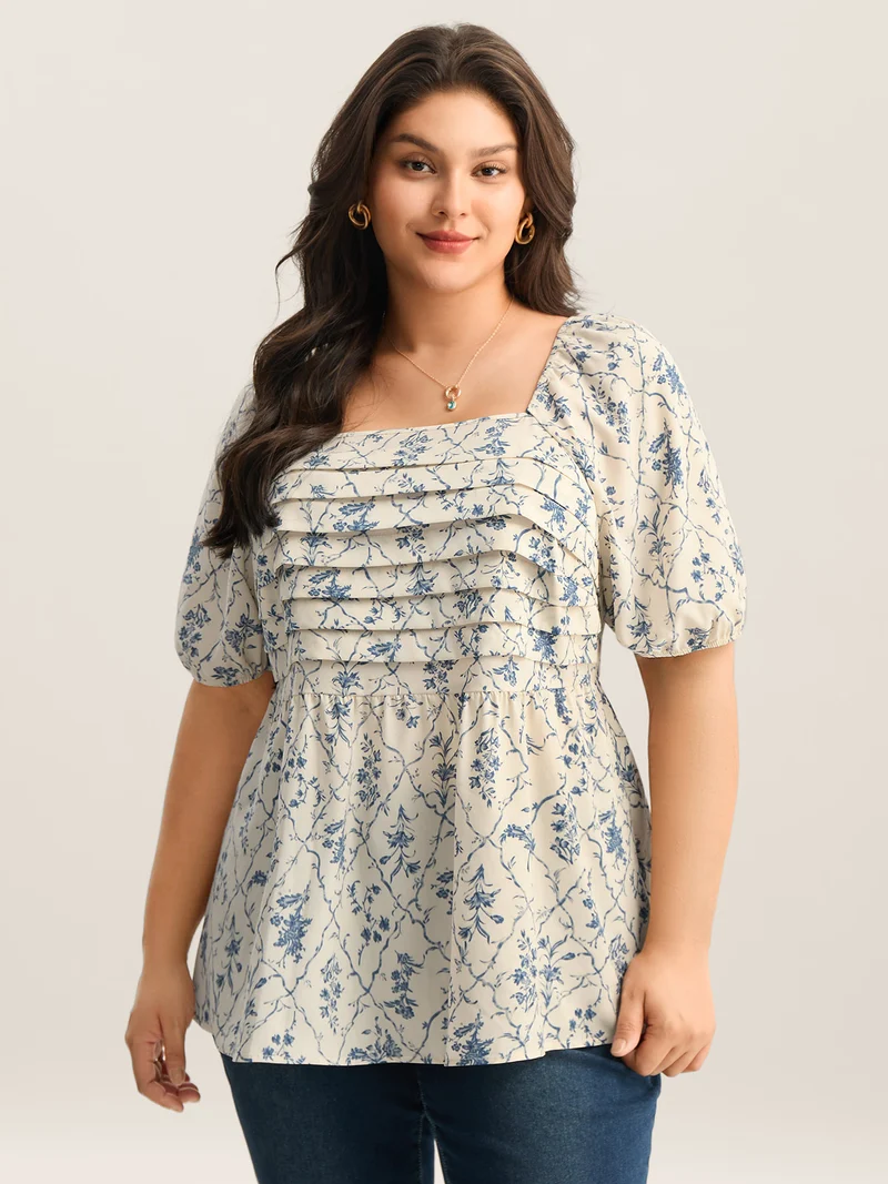 Floral Pleated Bodice Puffy Sleeve Blouse