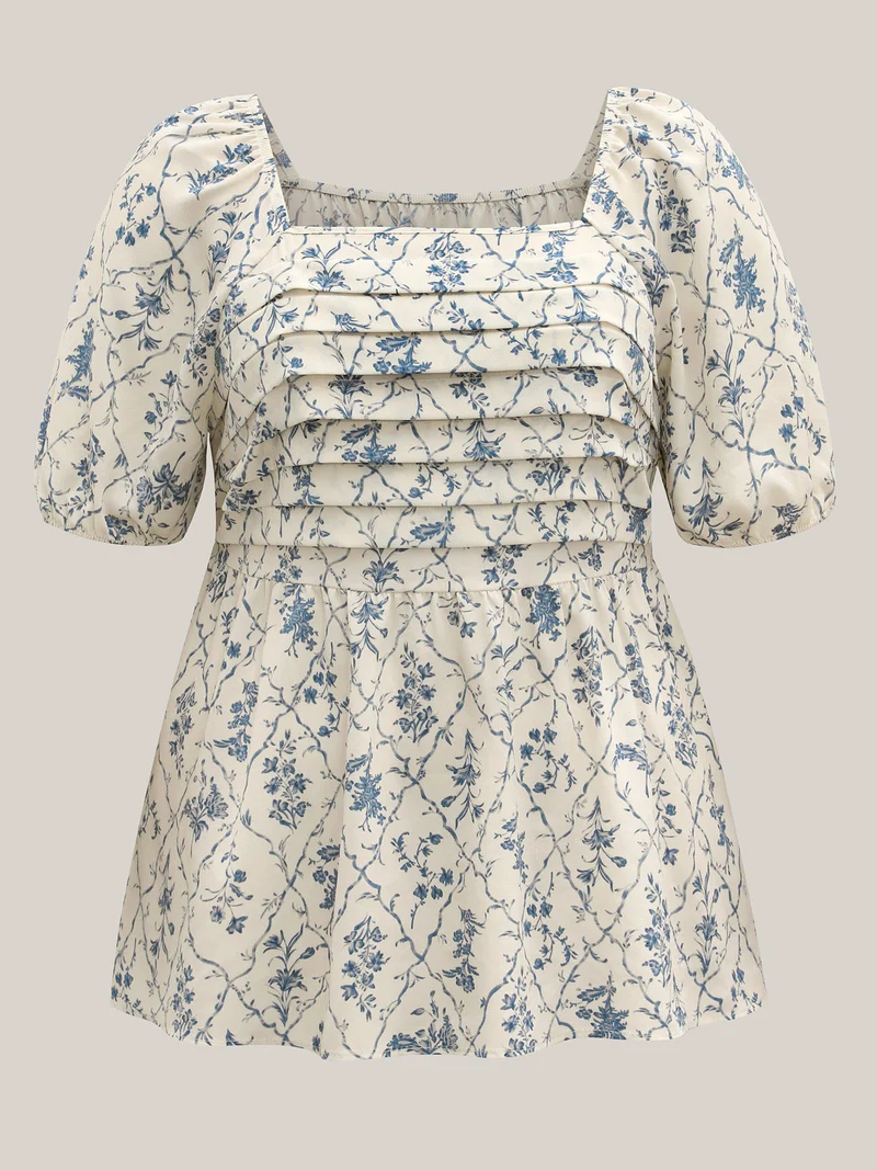 Floral Pleated Bodice Puffy Sleeve Blouse