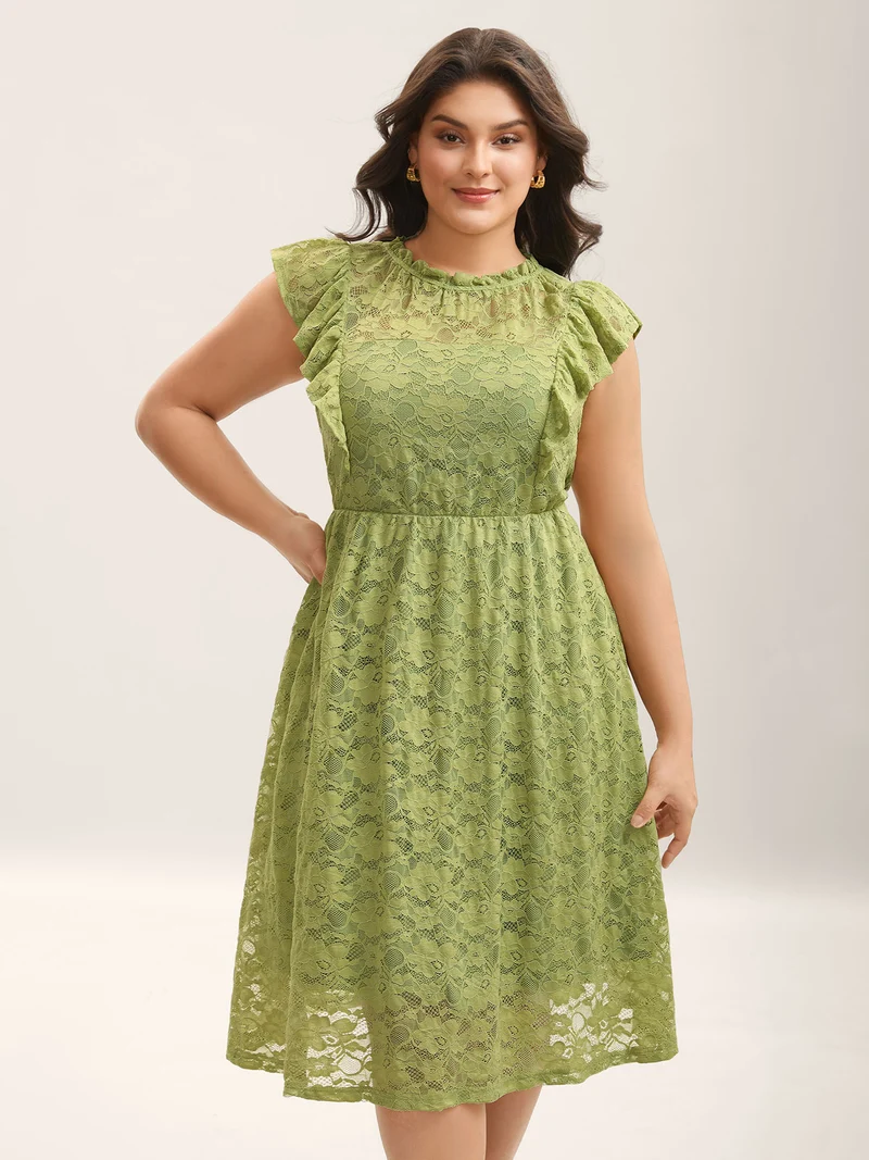 Lace Stretchy Waist Ruffled Midi Dress