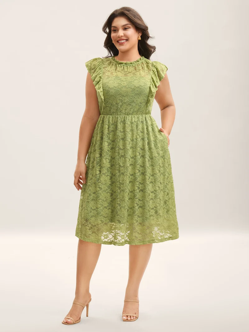 Lace Stretchy Waist Ruffled Midi Dress